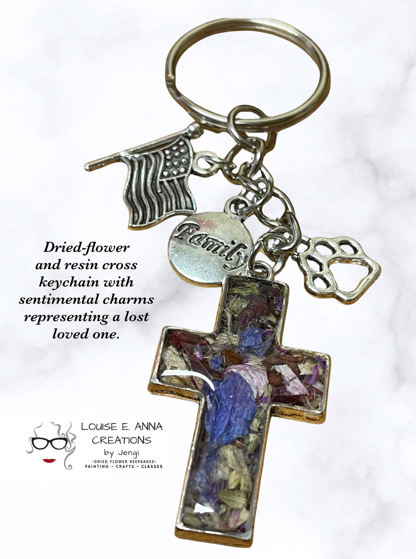 Custom Dried Flower Cross Keychain – Memorial Keepsake